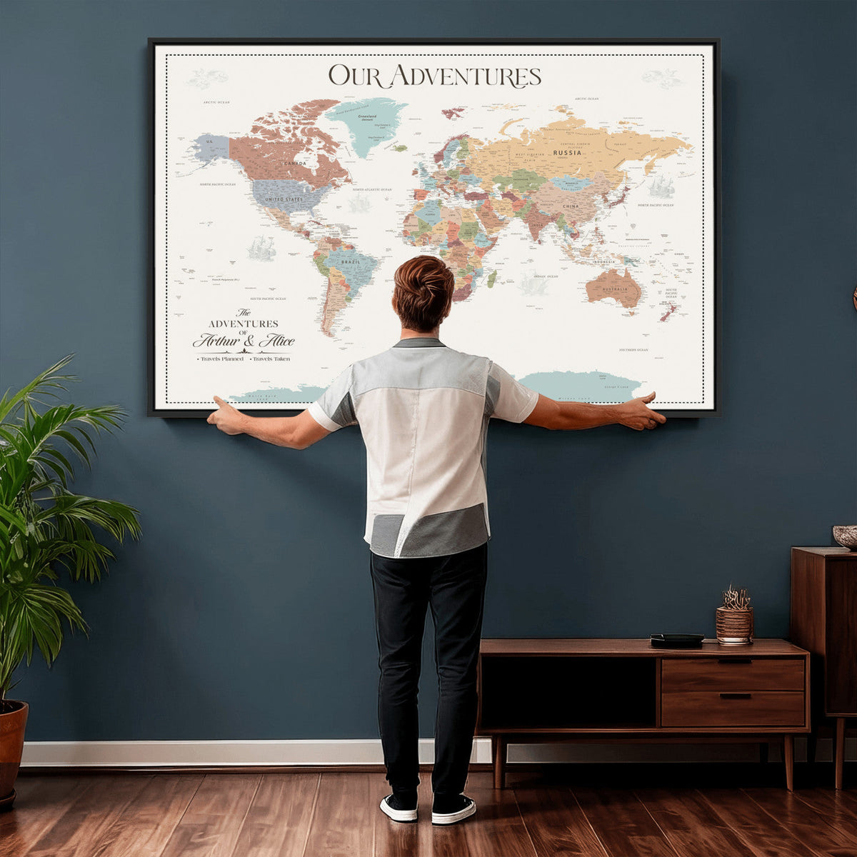 Personalized Framed Navy Push Pin World Map Canvas Print, Next Trip Planner Map, Living Room and Entryway Decor