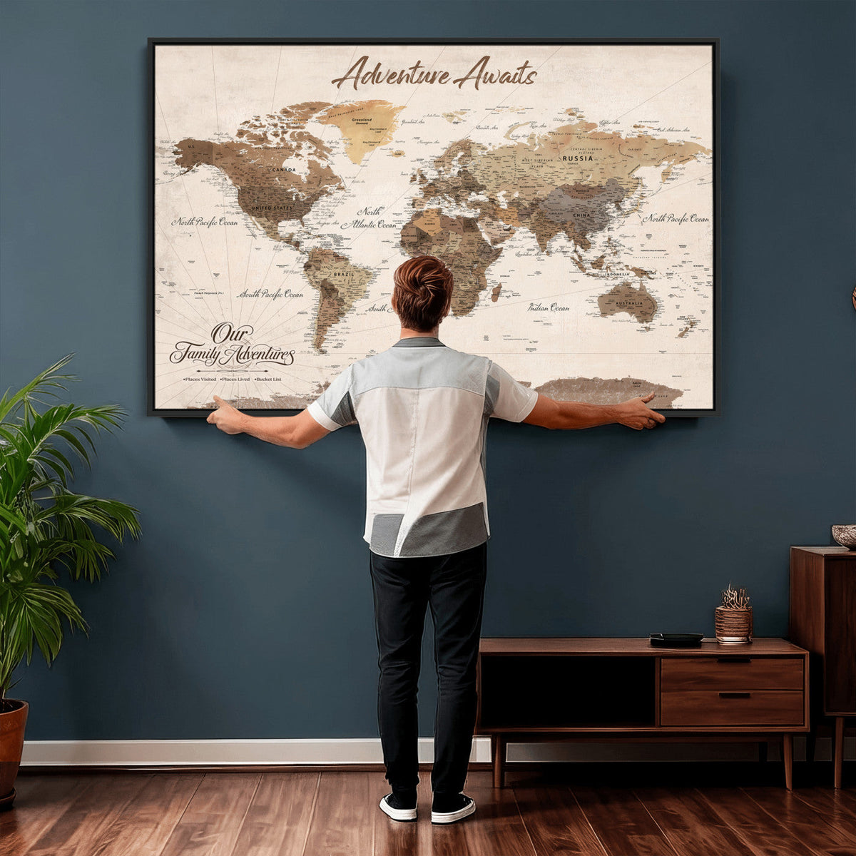 84865191-MGV-CV-36X24 - Our Family Adventures Push Pin World Map Wall Art Canvas Print - Family Travel Tracker Map with Pins