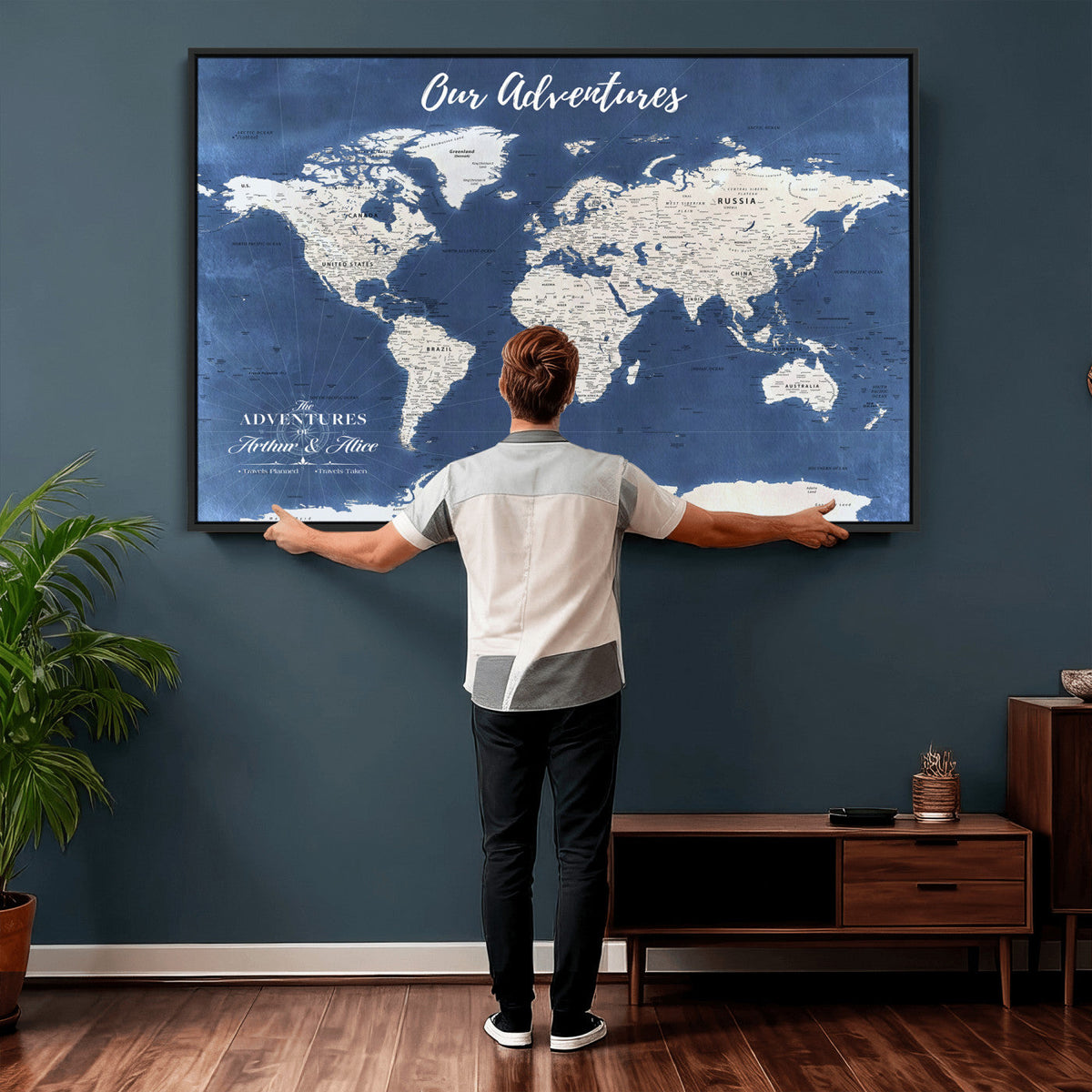 75405527-MGV-CV-36X24 - Extra Large Framed Personalize Push Pin World Map Wall Art Canvas Print for Travel Tracking - NEWMAP-113A