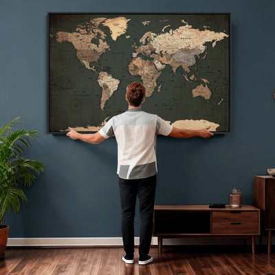 42327656-MGV-CV-36X24 - Extra Large Framed Personalize Push Pin World Map Wall Art Canvas Print for Travel Tracking - NEWMAP-116