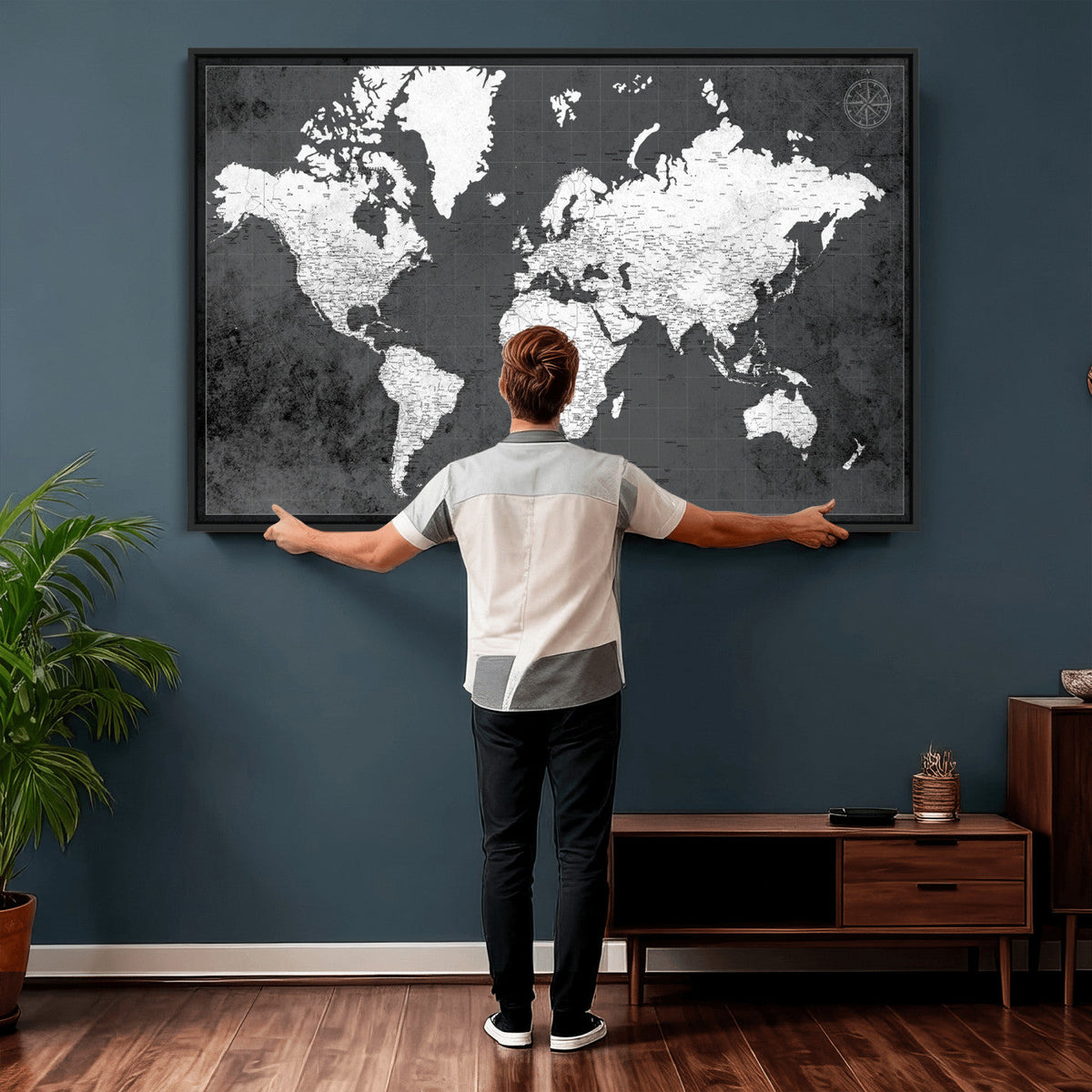 78574966-MGV-CV-36X24 - Extra Large Framed Personalize Push Pin World Map Wall Art Canvas Print for Travel Tracking - NEWMAP-128