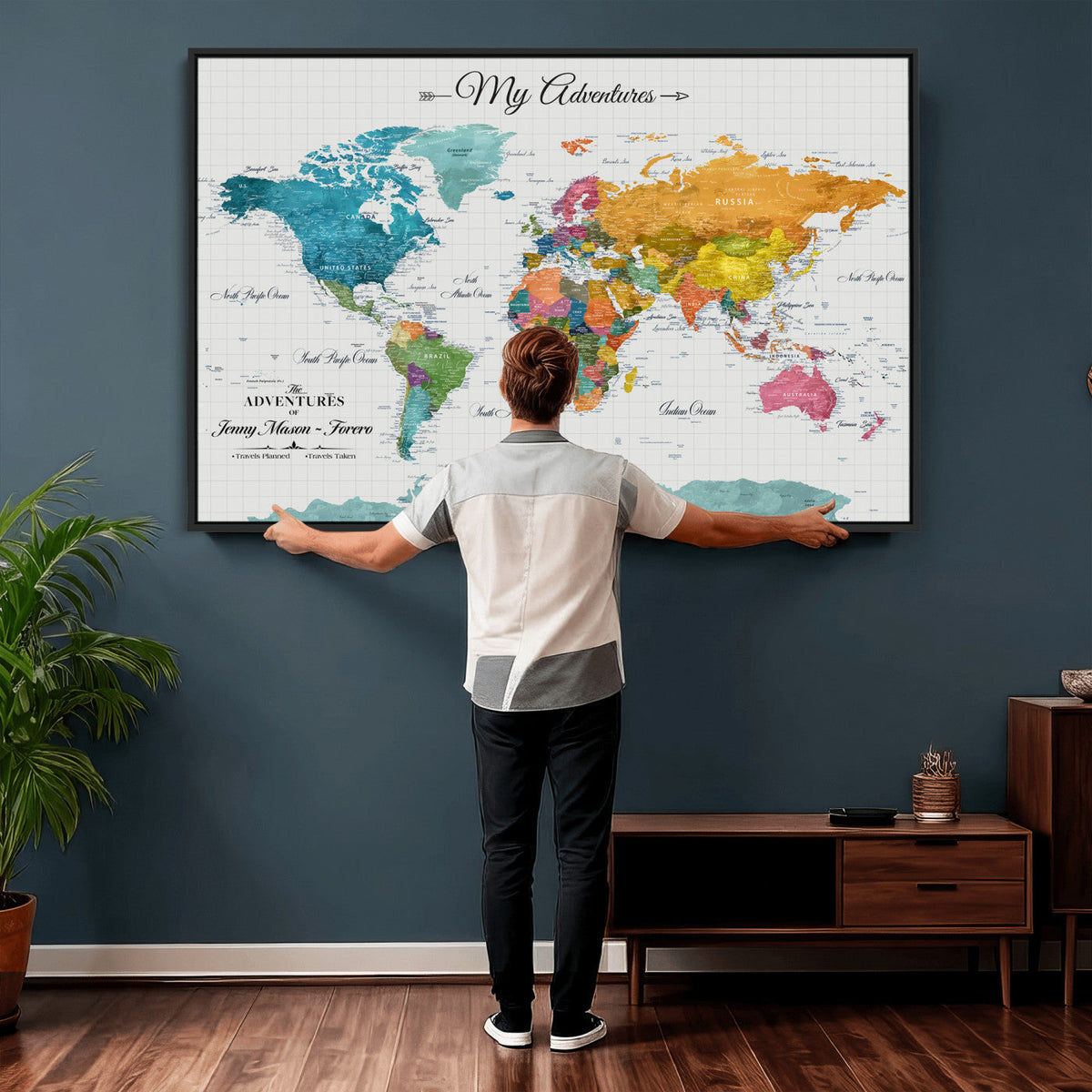 66743043-MGV-CV-36X24 - Extra Large Framed Personalize Push Pin World Map Wall Art Canvas Print for Travel Tracking - NEWMAP-131
