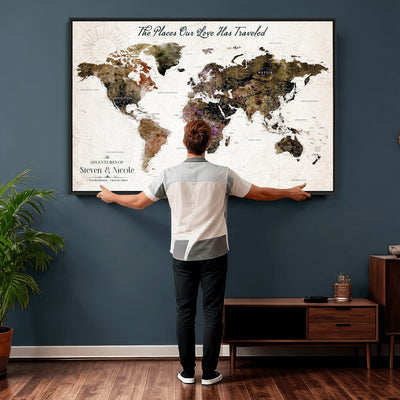 18074626D3D-MGV-CV-36X24 - Extra Large Framed Personalized Push Pin World Map Wall Art Canvas Print for Travel Tracking