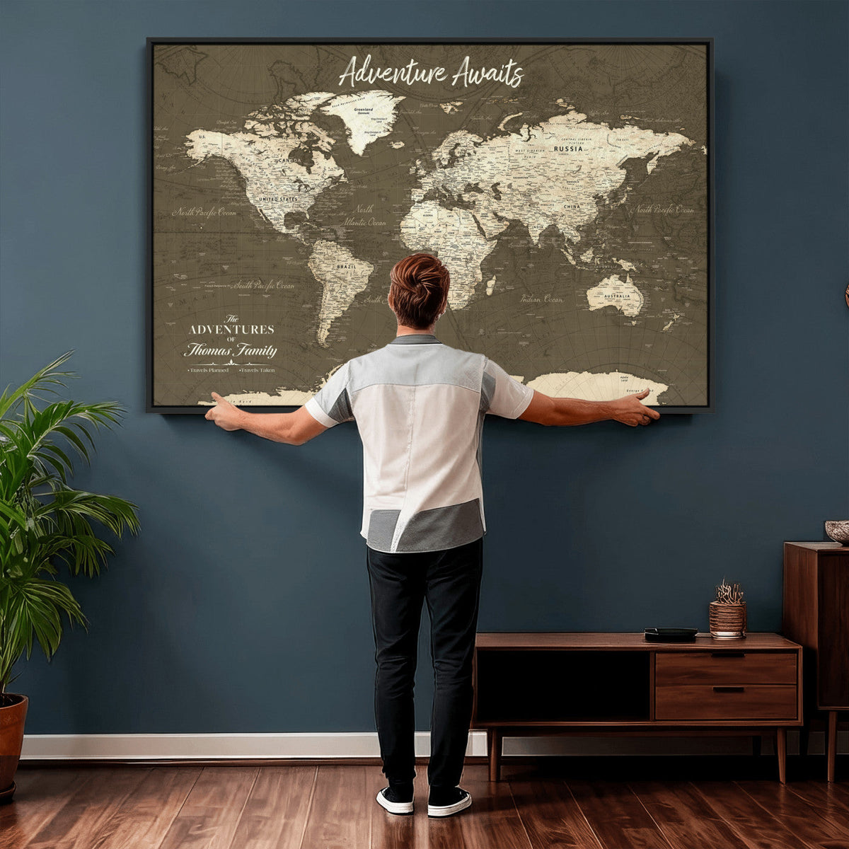 Personalized White Modern World Travel Map Wall Art with Pins, Honeymoon and Anniversary Gift, Living Room and Dining Room Decor