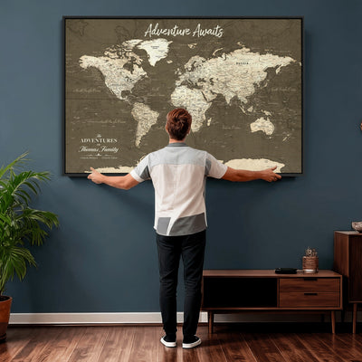 Personalized White Modern World Travel Map Wall Art with Pins, Honeymoon and Anniversary Gift, Living Room and Dining Room Decor