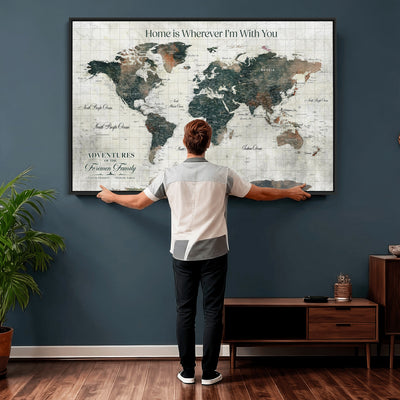 Personalized Framed Beige Push Pin Travel Map Canvas Print, Family Travel Tracker, Home Office and Hallway Decor