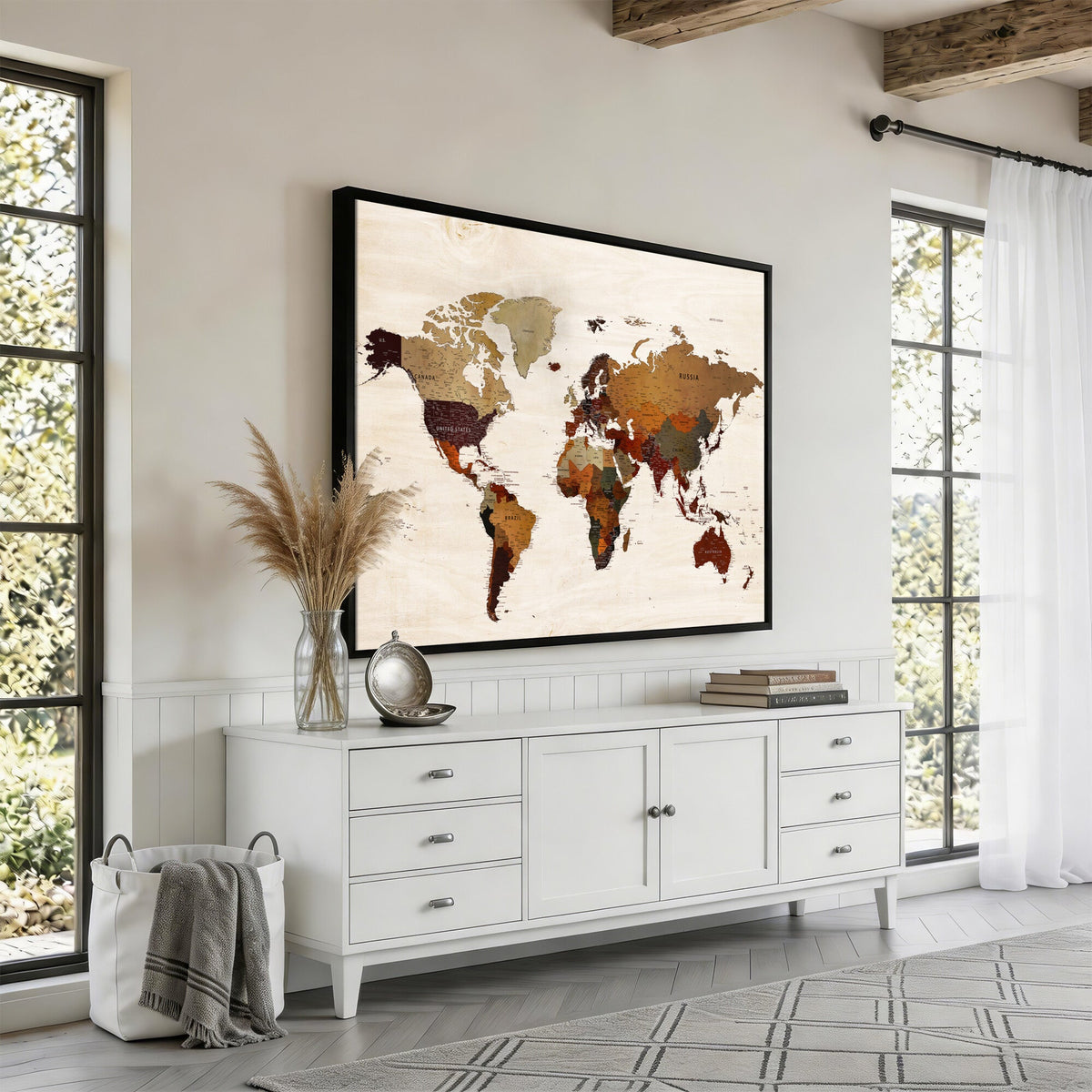 35728547D-MGV-CV-36X24 - Custom Push Pin World Map Wall Art Canvas Print – Personalized Travel Tracker with Pins Framed Large for Home and Office Decor