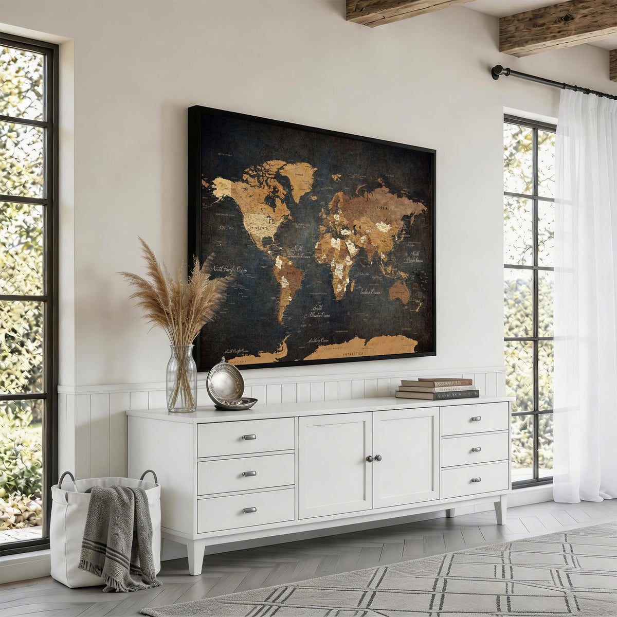 40660012D-MGV-CV-36X24 - Custom Push Pin World Map Wall Art Canvas Print – Personalized Travel Tracker with Pins Framed Large for Home and Office Decor