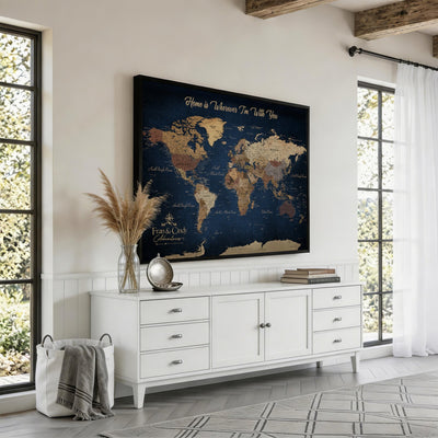 57774467D-MGV-CV-36X24 - Custom Push Pin World Map Wall Art Canvas Print – Personalized Travel Tracker with Pins Framed Large for Home and Office Decor