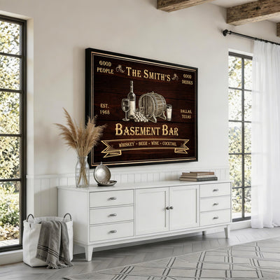 Custom Basement Bar Sign Canvas, Personalized Family Home Bar Wall Art