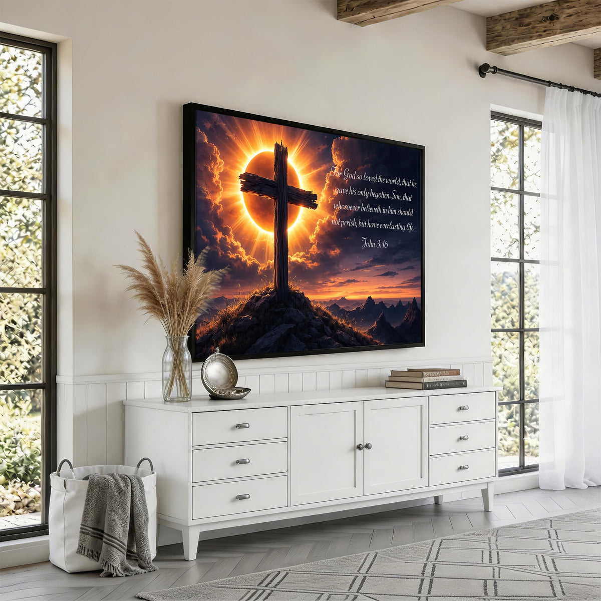 PatioSign02JSS-MGV-CV-36X24 - Custom Bible Verse Cross Canvas, Personalized Christian Wall Art