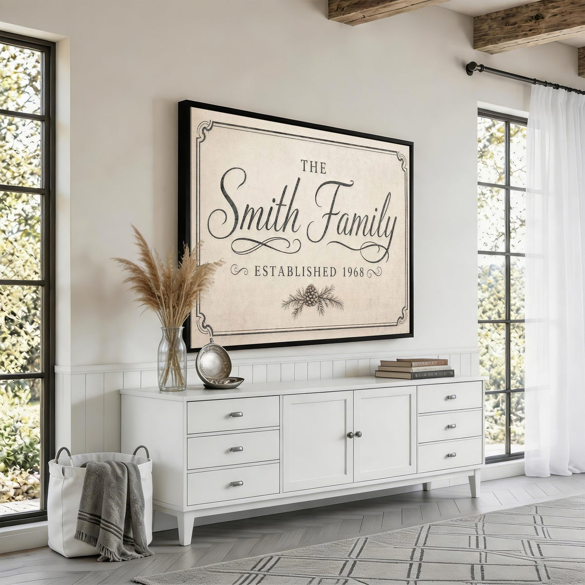 Family established sign in charcoal script on cream canvas