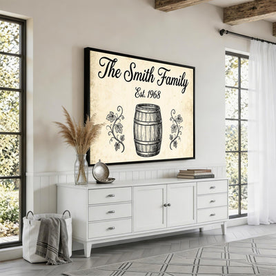 Wine barrel family name sign wall art, print option