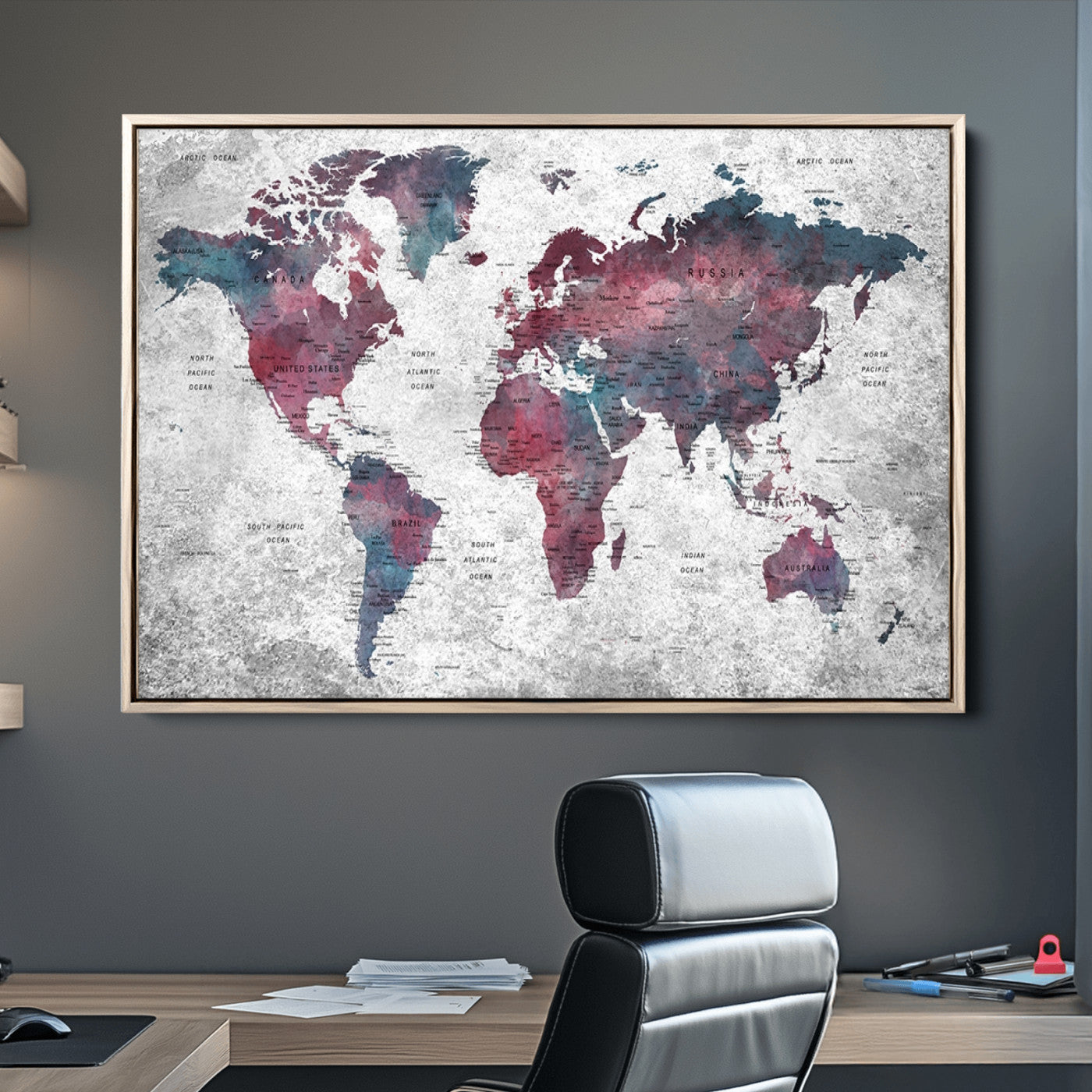 Push Pin World Map Canvas Print – Framed Wall Art for Couples to Track Their Travels – Anniversary Gift or Home Adventure Decor