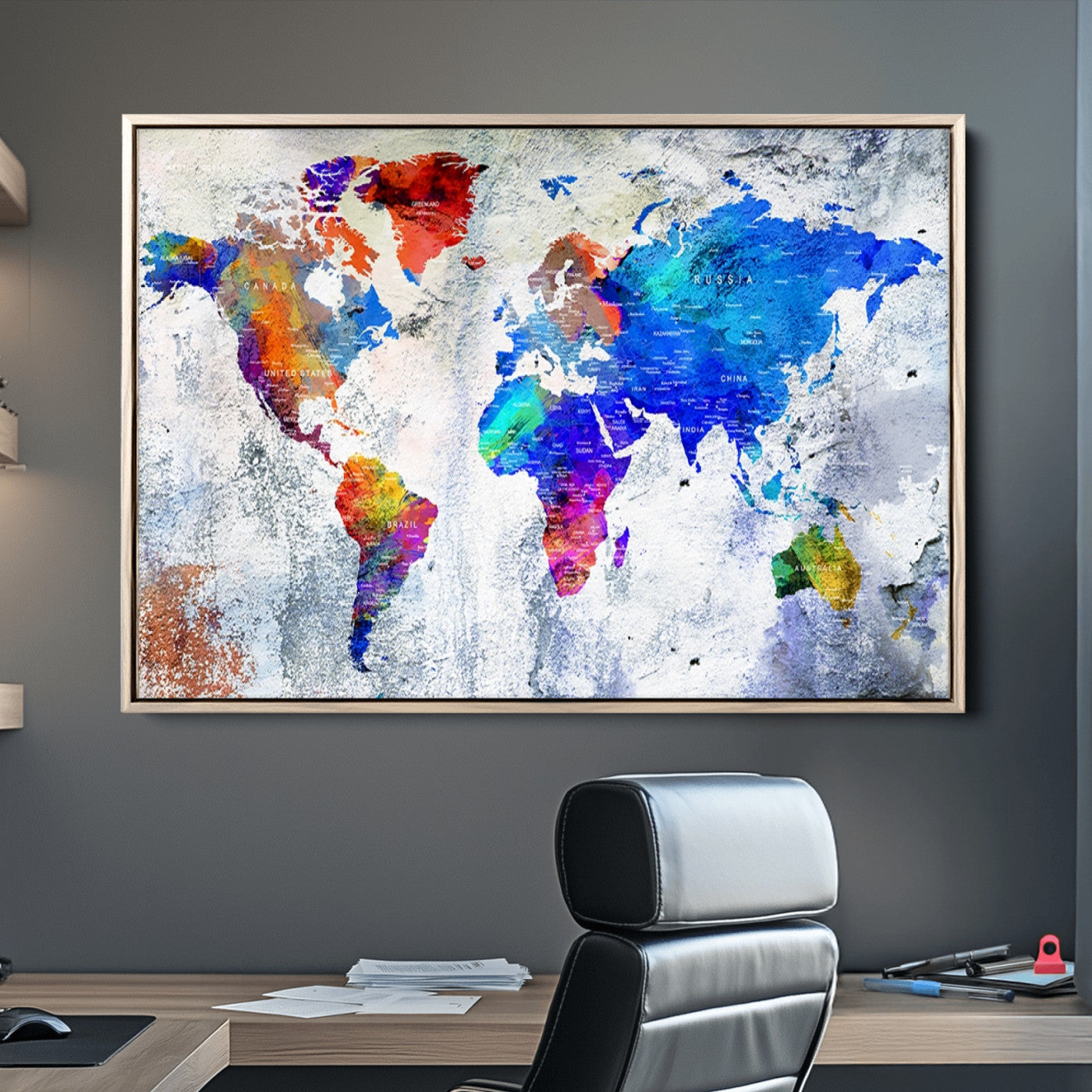 Push Pin World Map Canvas Print – Framed Wall Art for Couples to Track Their Travels – Anniversary Gift or Home Adventure Decor