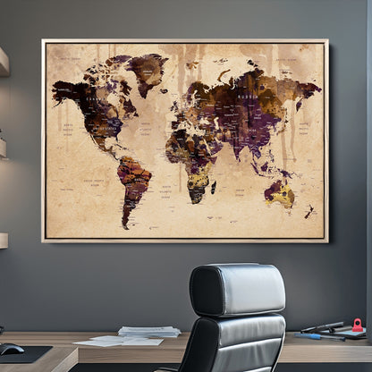Push Pin World Map Canvas Print – Framed Wall Art for Couples to Track Their Travels – Anniversary Gift or Home Adventure Decor
