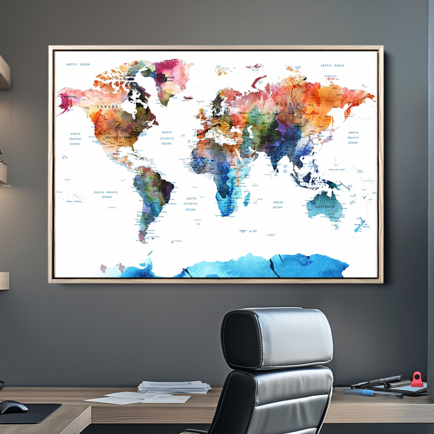 Push Pin World Map Canvas Print – Framed Wall Art for Couples to Track Their Travels – Anniversary Gift or Home Adventure Decor