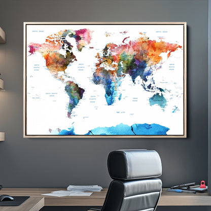 Push Pin World Map Canvas Print – Framed Wall Art for Couples to Track Their Travels – Anniversary Gift or Home Adventure Decor