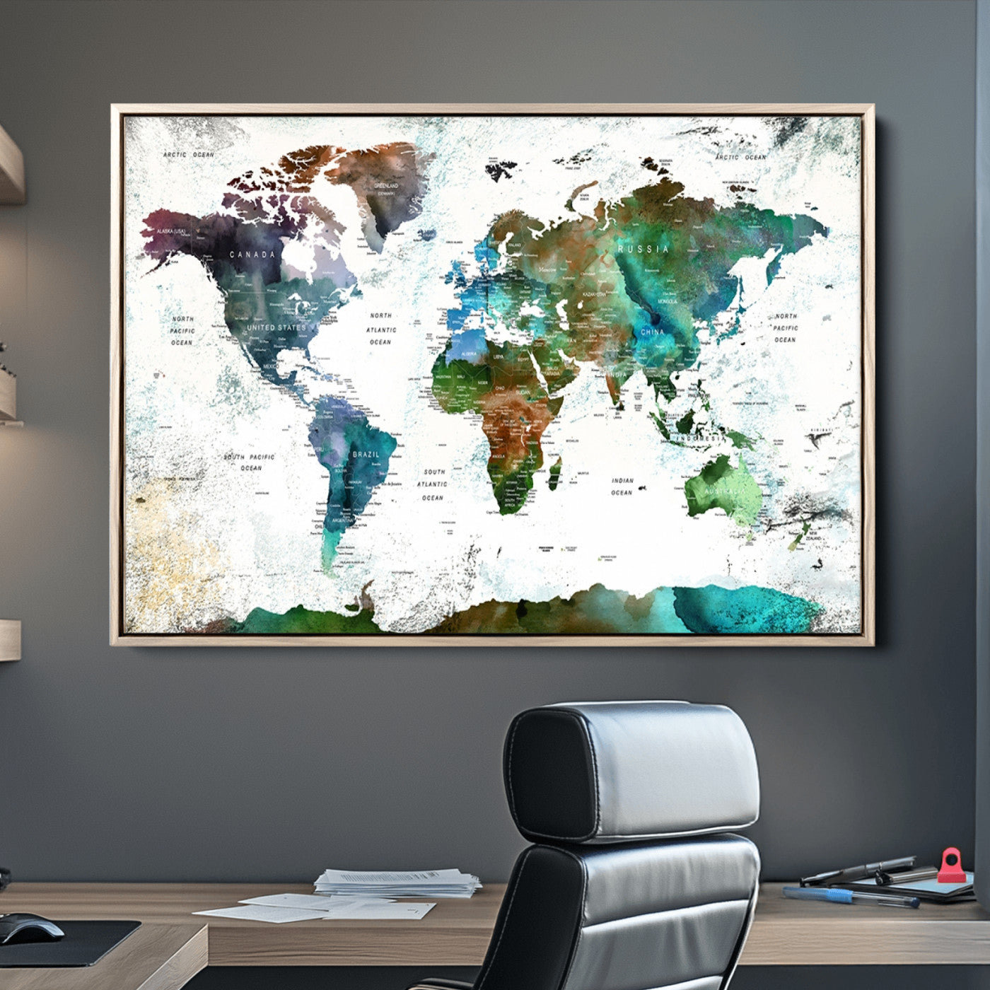 Push Pin World Map Canvas Print – Framed Wall Art for Couples to Track Their Travels – Anniversary Gift or Home Adventure Decor