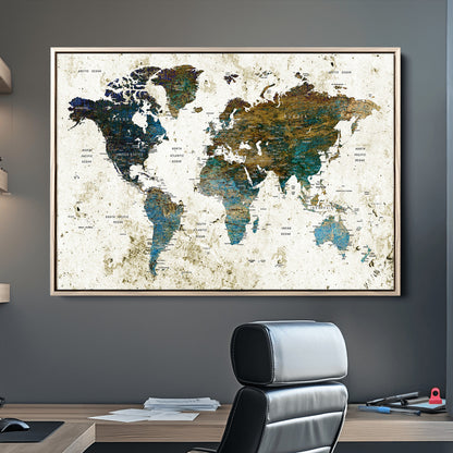Push Pin World Map Canvas Print – Framed Wall Art for Couples to Track Their Travels – Anniversary Gift or Home Adventure Decor