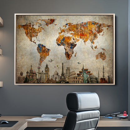 Push Pin World Map Canvas Print – Framed Wall Art for Couples to Track Their Travels – Anniversary Gift or Home Adventure Decor