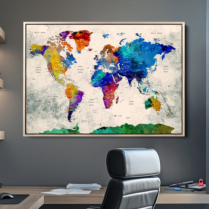 Push Pin World Map Canvas Print – Framed Wall Art for Couples to Track Their Travels – Anniversary Gift or Home Adventure Decor