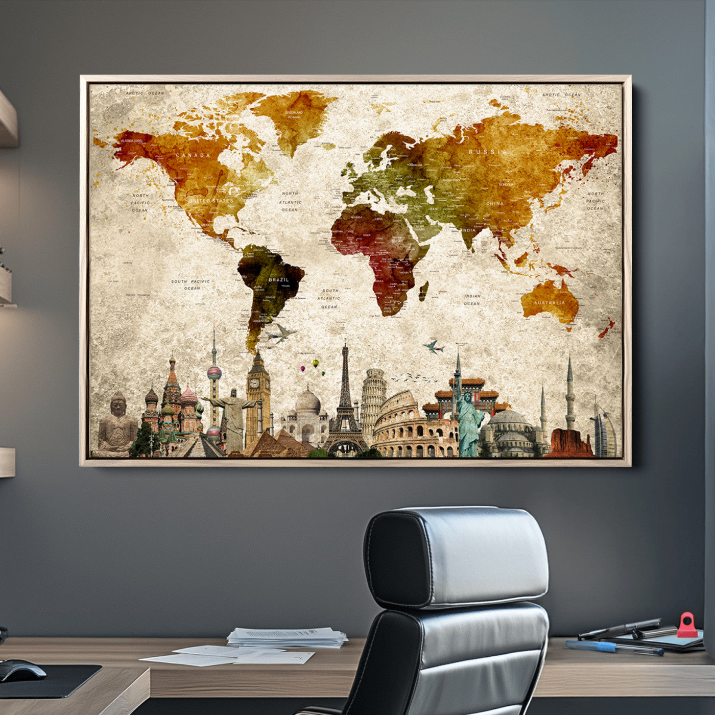Push Pin World Map Canvas Print – Framed Wall Art for Couples to Track Their Travels – Anniversary Gift or Home Adventure Decor