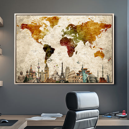 Push Pin World Map Canvas Print – Framed Wall Art for Couples to Track Their Travels – Anniversary Gift or Home Adventure Decor
