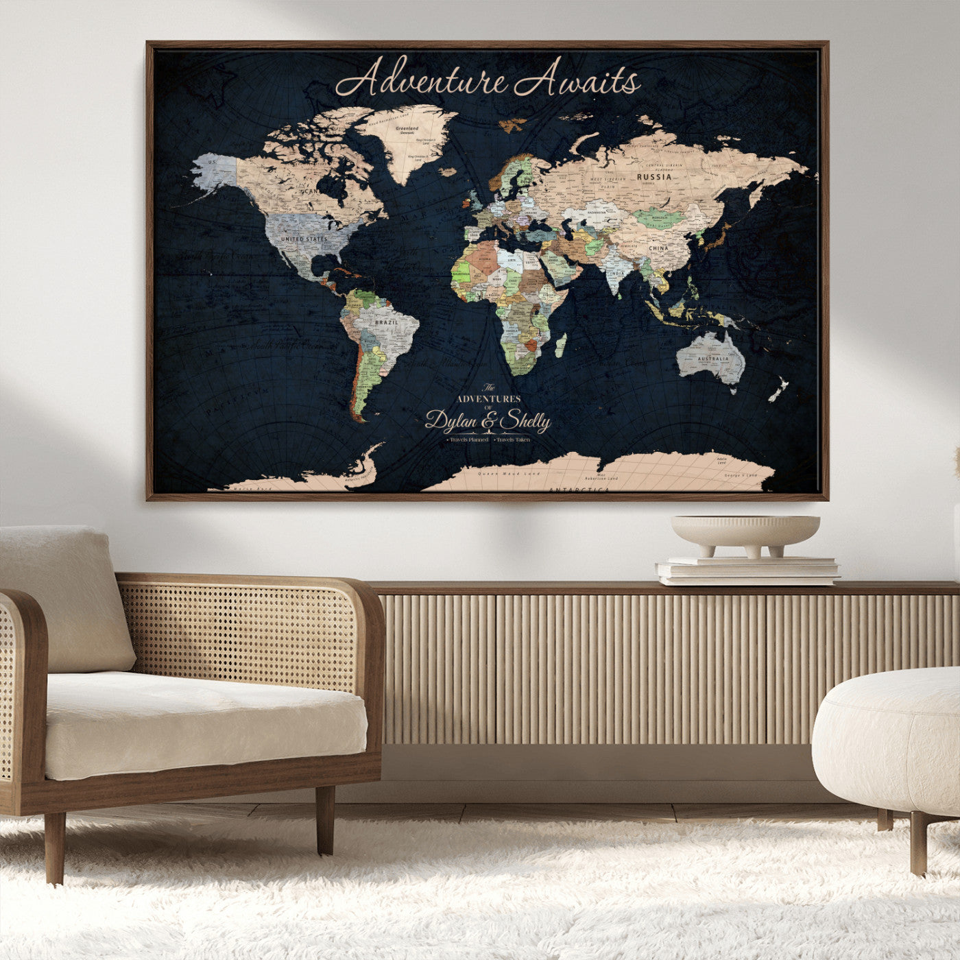 43186793-MGV-CV-30X20-Personalized World Map Print, Customizable Push Pin Framed World Map Print on Canvas - Custom Quote on Map Print