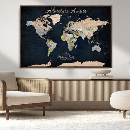 43186793-MGV-CV-30X20-Personalized World Map Print, Customizable Push Pin Framed World Map Print on Canvas - Custom Quote on Map Print