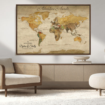 50298017-MGV-CV-36X24-Personalized World Map Print, Customizable Push Pin Framed World Map Print on Canvas - Custom Quote on Map Print