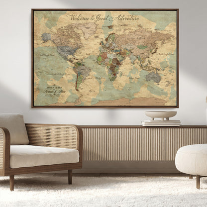 17693651-MGV-CV-36X24-Custom Push Pin World Map Wall Canvas Print – Personalized Travel Tracker with Pins – Framed Custom Quotie Canvas for Home Office Decor Art Print