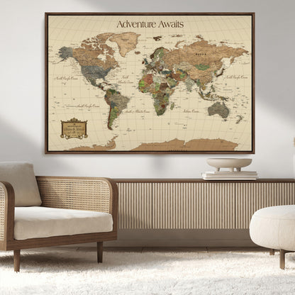 74480507-MGV-CV-36X24-Custom Push Pin World Map Wall Canvas Print – Personalized Travel Tracker with Pins – Framed Custom Quotie Canvas for Home Office Decoration
