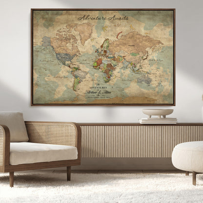 60798273-MGV-CV-30X20-Custom Push Pin World Map Wall Canvas Print – Personalized Travel Tracker with Pins – Framed Custom Quotie Canvas for Home Office Decor