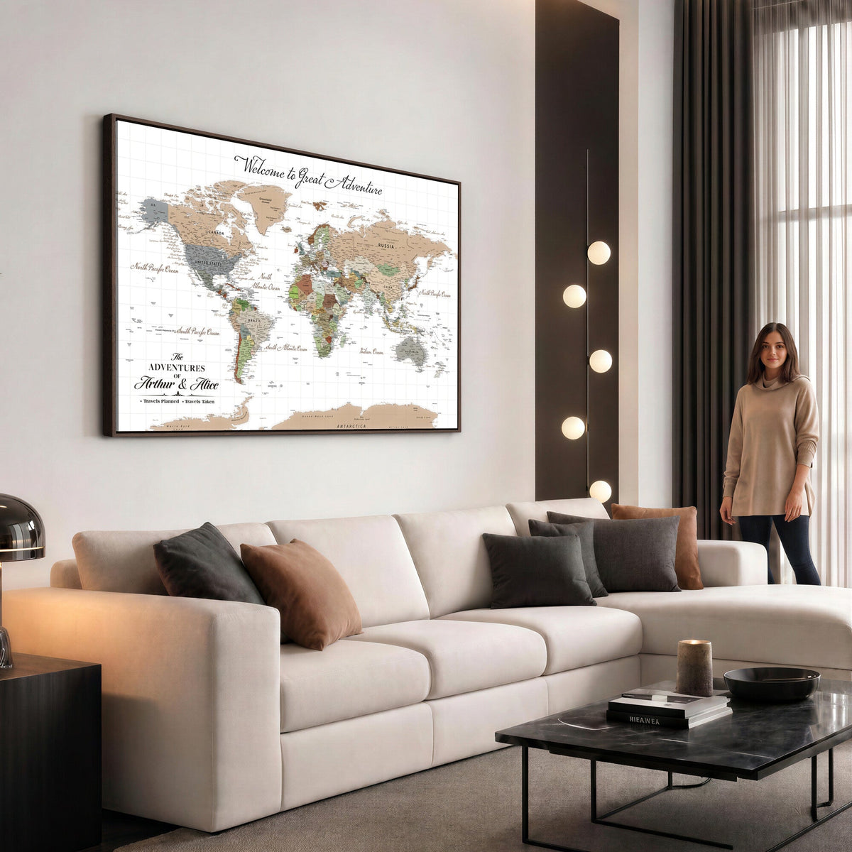 85396539-MGV-CV-36X24 - Custom Beige Push Pin World Map Wall Art, Bucket List Map, Study and Hallway Decor