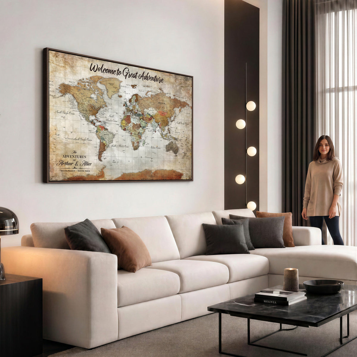 Personalized Beige Push Pin World Map Wall Art, Bucket List Map, Living Room and Family Room Decor