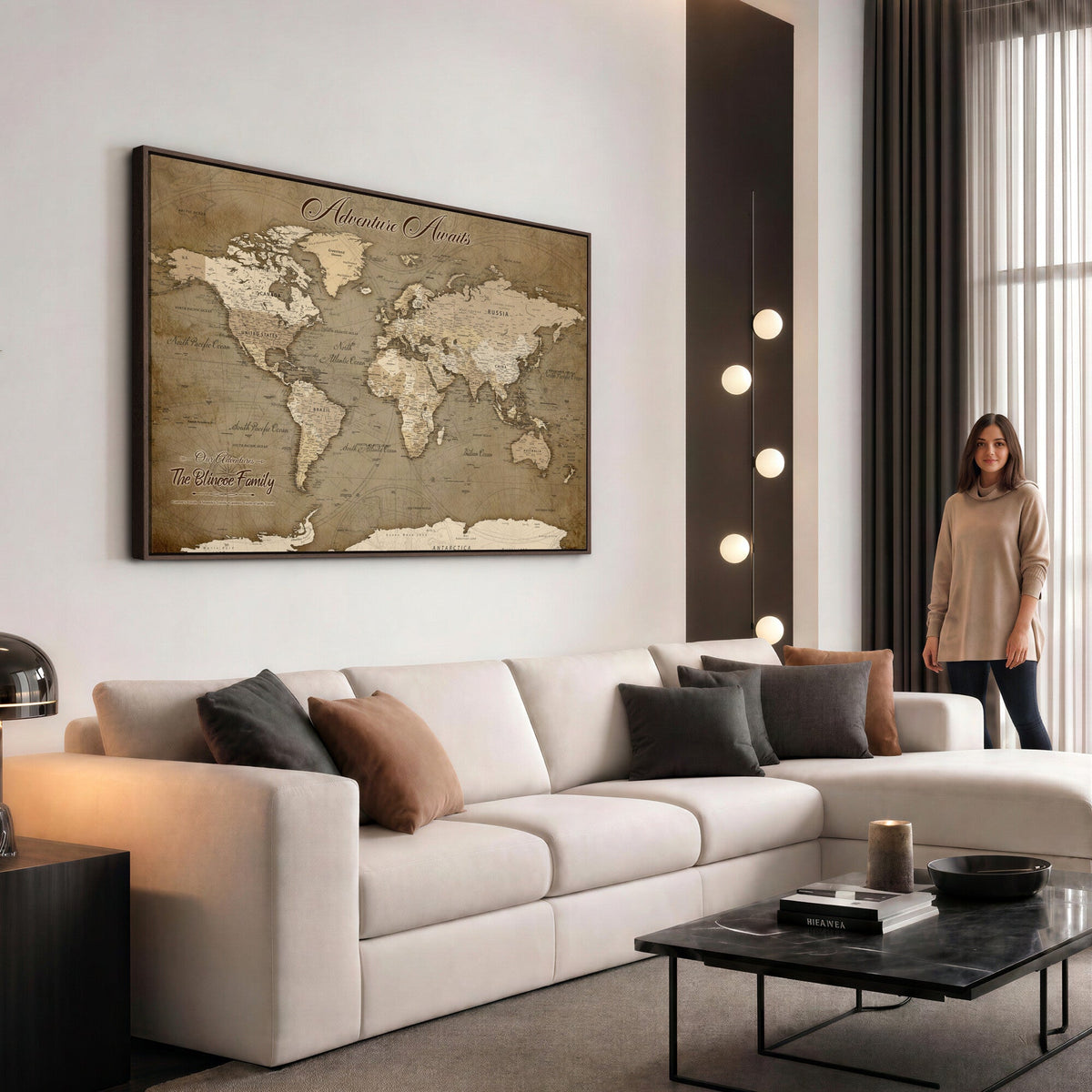 Custom Beige Modern Push Pin World Map Canvas Print, Family Travel Tracker, Dining Room and Home Office Decor