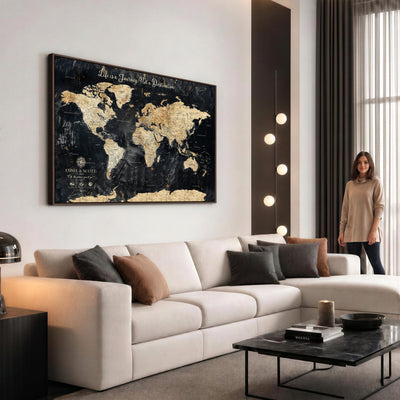 Personalized Framed Navy Modern Push Pin World Map Canvas Print, Couples Countries Visited Map, Family Room and Study Decor