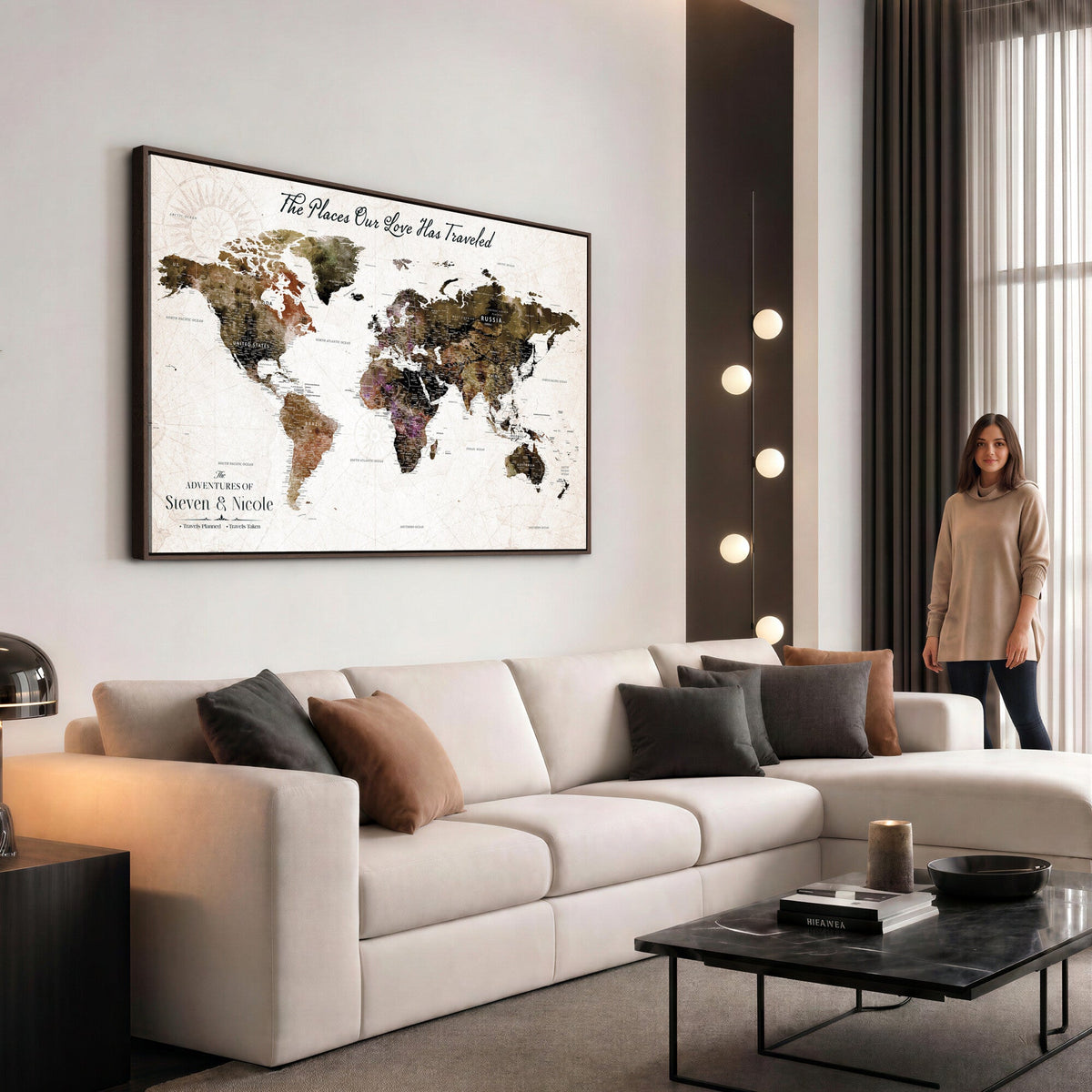 34345515-MGV-CV-36X24 - Custom Push Pin World Map Wall Art Canvas Print | Personalized Travel Tracker with Pins Framed Large for Home and Office Decor