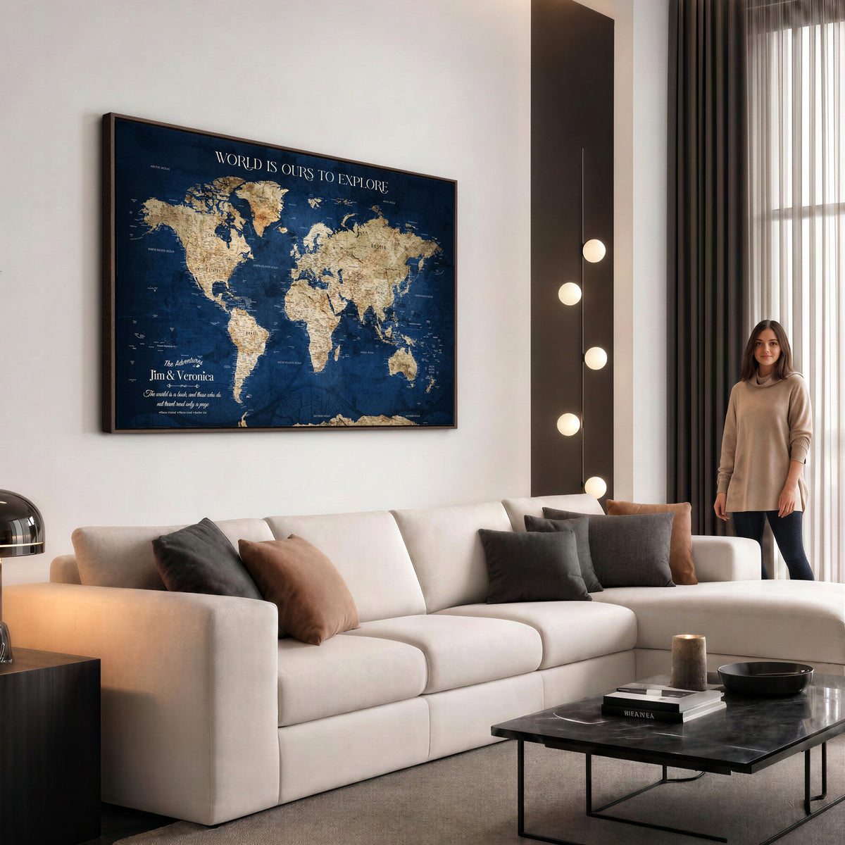 35296308-MGV-CV-36X24 - Custom Push Pin World Map Wall Art Canvas Print | Personalized Travel Tracker with Pins Framed Large for Home and Office Decor