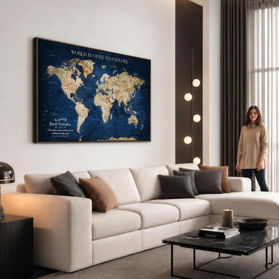 35296308-MGV-CV-36X24 - Custom Push Pin World Map Wall Art Canvas Print | Personalized Travel Tracker with Pins Framed Large for Home and Office Decor