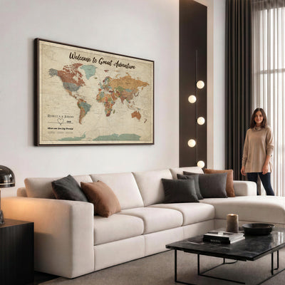 Large Personalized Beige Minimalist Push Pin World Map Wall Art, Next Trip Planner Map, Bedroom and Home Office Decor