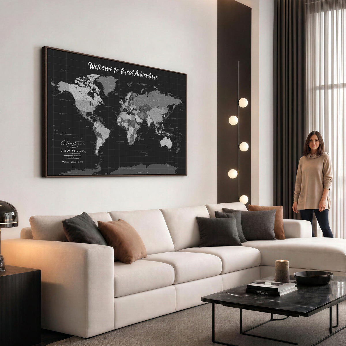 Custom Framed Navy Vintage World Map Canvas with Push Pins, Next Trip Planner Map, Entryway and Hallway Decor