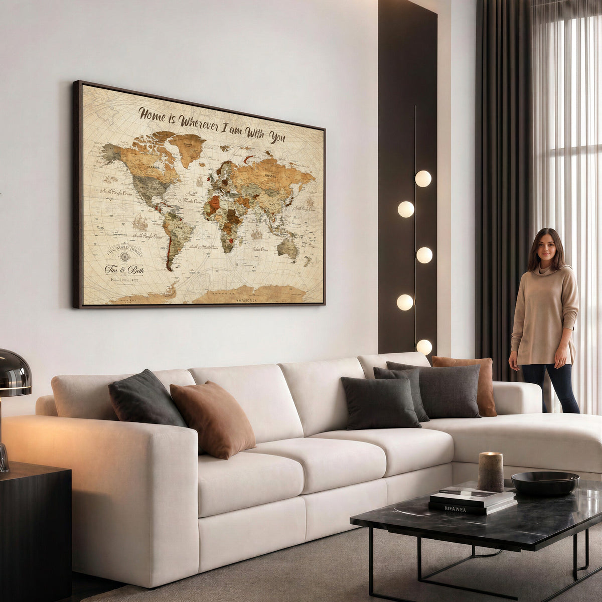Personalized Framed Black Modern Push Pin World Map Wall Art, Couples Countries Visited Map, Dining Room and Hallway Decor