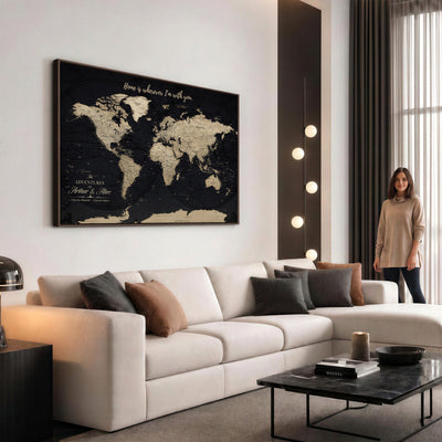 Personalized Framed Beige Modern Push Pin World Map Canvas Print, Places Visited Tracker, Family Room and Bedroom Decor