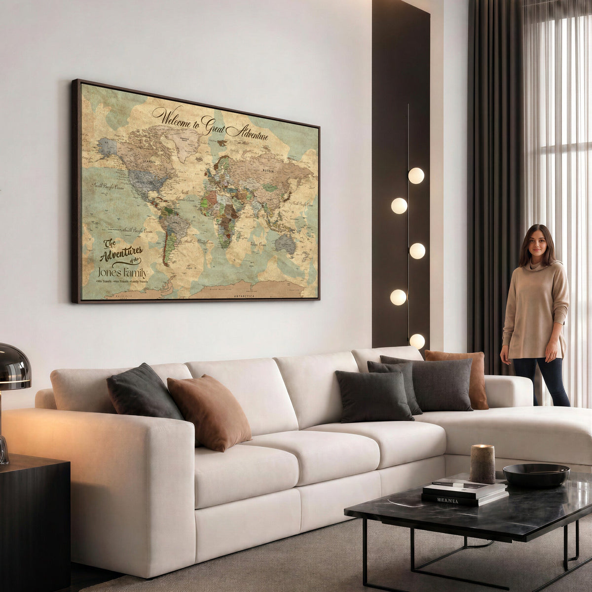 Personalized Framed Navy Vintage Push Pin World Map Wall Art, Places Visited Tracker, Bedroom and Hallway Decor