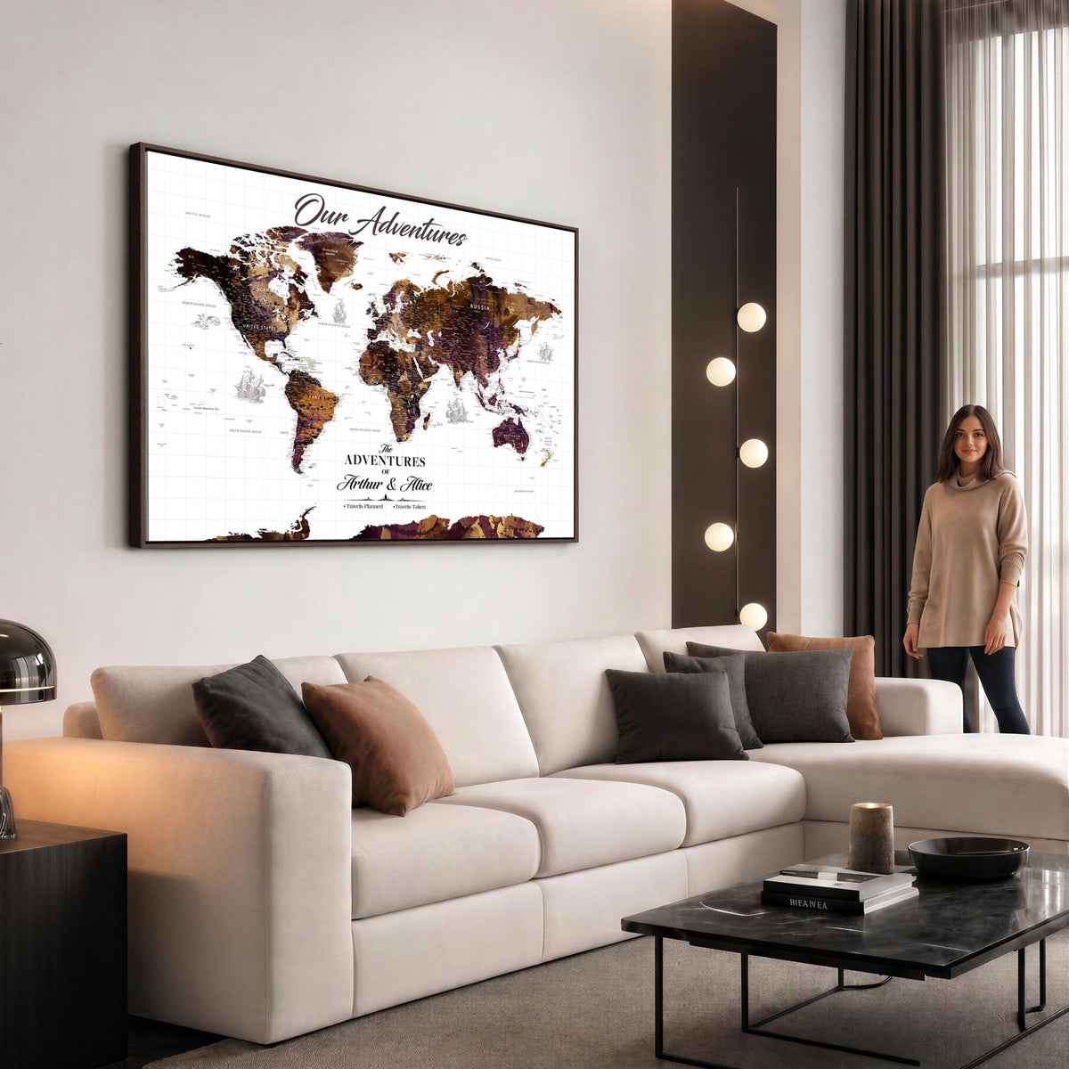 Personalized Framed Beige Vintage Push Pin Travel Map Canvas Print, Next Trip Planner Map, Home Office and Entryway Decor