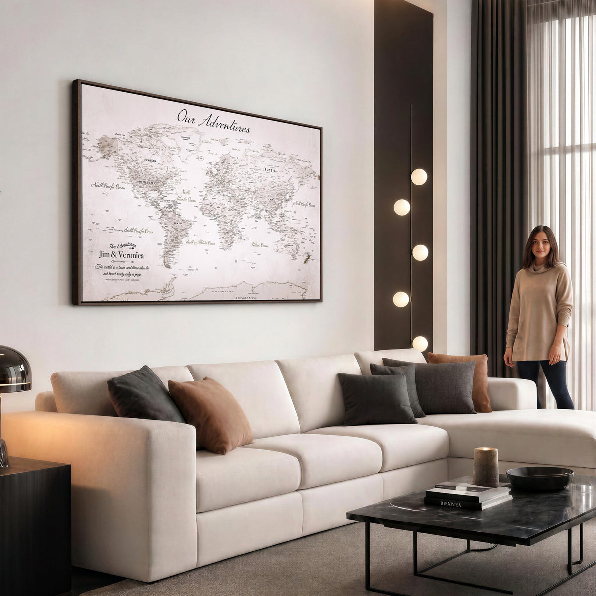 Personalized Beige Vintage World Travel Map Wall Art with Pins, Honeymoon and Anniversary Gift, Entryway and Hallway Decor