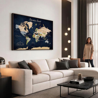Personalized Beige Antique Push Pin Travel Map Canvas Print, Bucket List Map, Dining Room and Entryway Decor