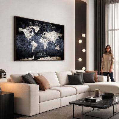 Personalized Beige Modern Push Pin Travel Map Canvas Print, Places Visited Tracker, Study and Entryway Decor